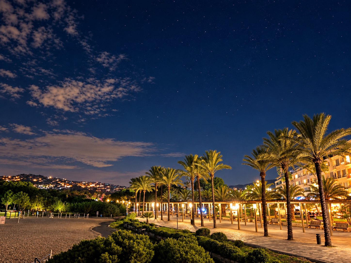 Palmenpromenade bei Nacht